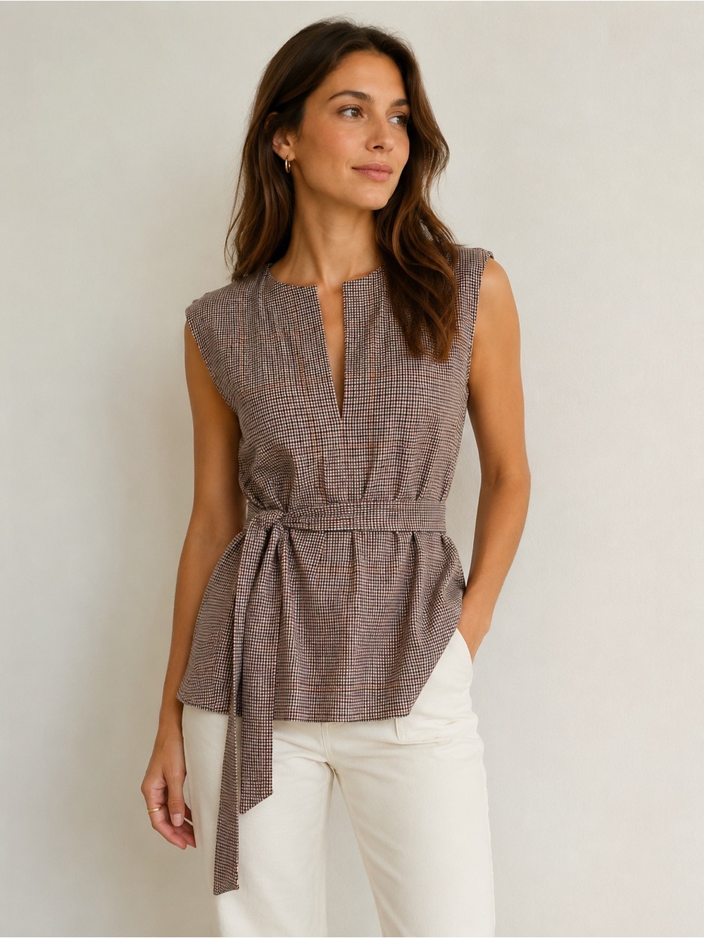Theory Plaid Gingham Tie Waist Peplum Sleeveless Top size P (XS)